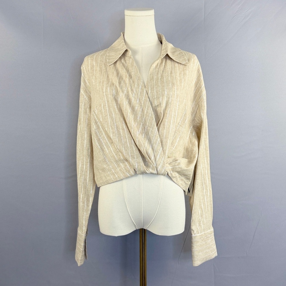 Soft & Effortlessly Chic Neutral Cropped Blouse With Linen Inspired Look